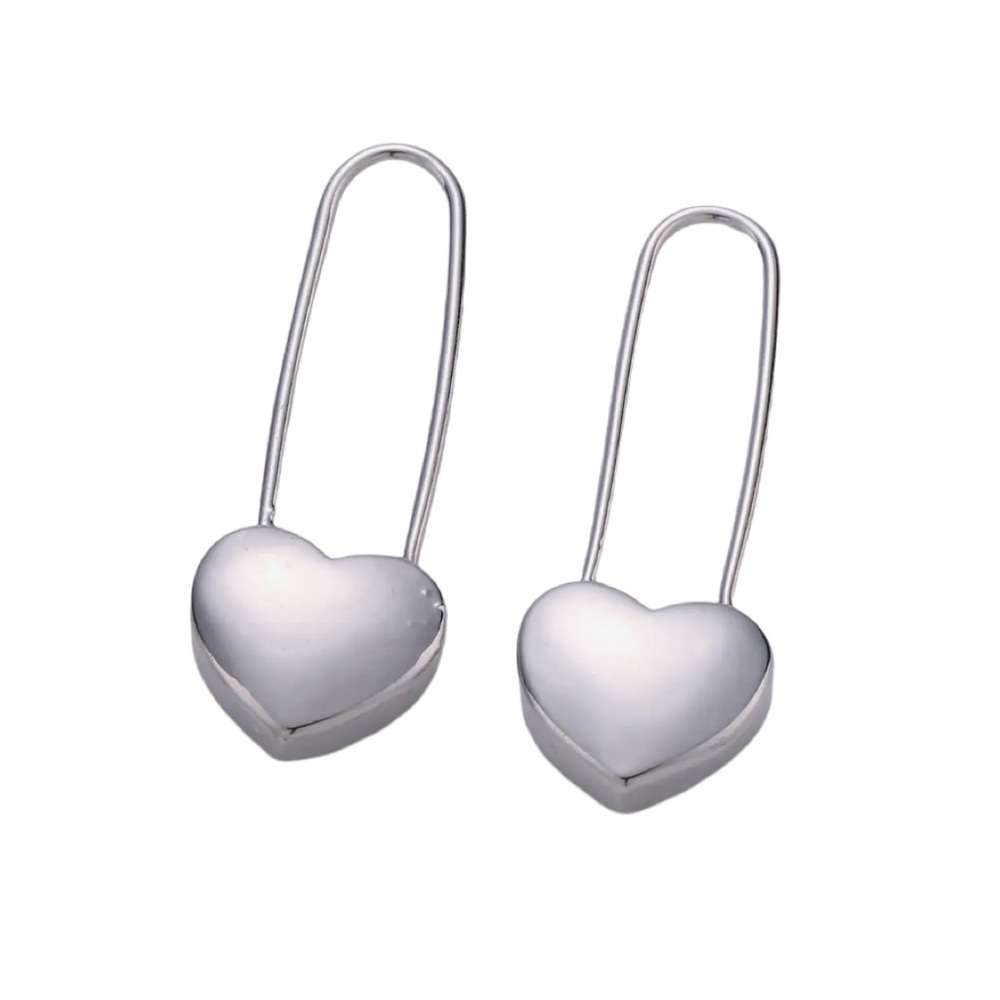 Silver Heart Safety Pin Earrings (7009)